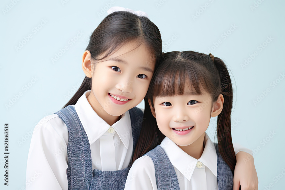 two Chinese schoolgirls in school uniforms isolated on the blue background two Chinese schoolgirls in school uniforms isolated on the blue background
