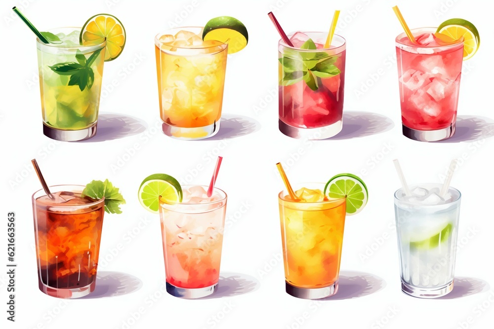 Summer Colorful Cocktails Set on White Background. Generative ai Summer Colorful Cocktails Set on White Background. Generative ai