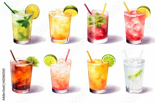 Summer Colorful Cocktails Set on White Background. Generative ai