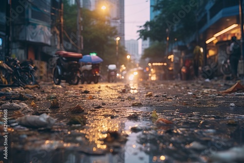 An attention-grabbing photo of a litter-filled street in a polluted city, emphasizing the importance of proper waste management and reducing plastic consumption. Generative Ai