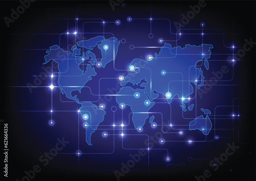 Vector illustration of world map background with circuit line conection.