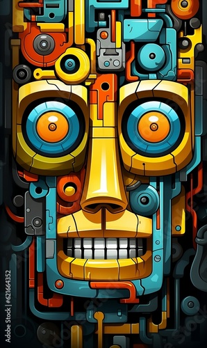 Cartoon Robot With Colorful Hardware Mesoamerican Influenced Design Pattern Phone Wallpaper Background photo