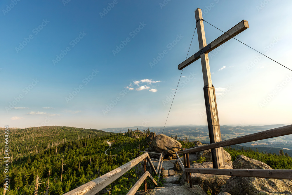 View from the top of mount Dreisessel, bavarian forest, germany, during sundown in summer outdoors