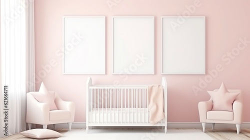 Mockup Frame Triple Centered in Pink Baby Girl Nursery Star Pillow