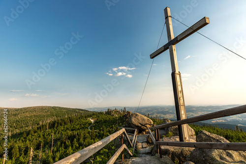 View from the top of mount Dreisessel, bavarian forest, germany, during sundown in summer outdoors