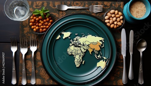 A plate with a map of the world on it. Generative AI image.