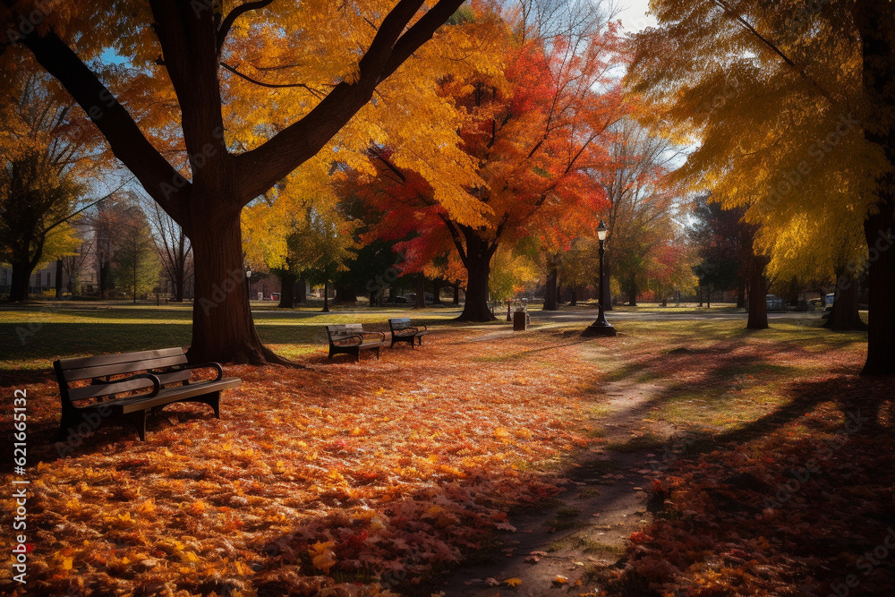 Autumn park with bench, trees and maple leaves AI-Generated 