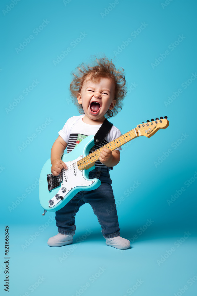 Obraz premium Little baby boy playing electric guitar against light pastel blue background. Concept of happiness, good music, children's party, birthday celebrations. Generative AI.