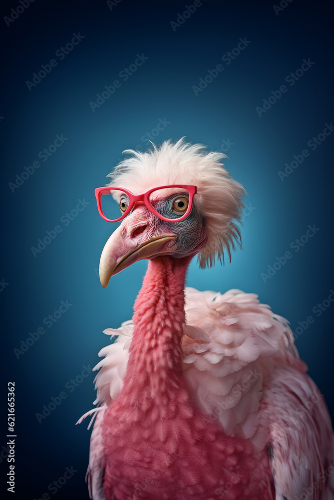 Bird with pink reading glasses against blue background. Anthropomorphic surrealism. Generative AI.