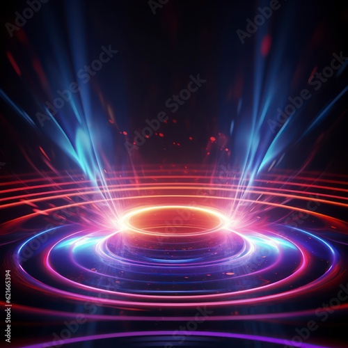  Energy lines radiating from a fluid circle, neon background