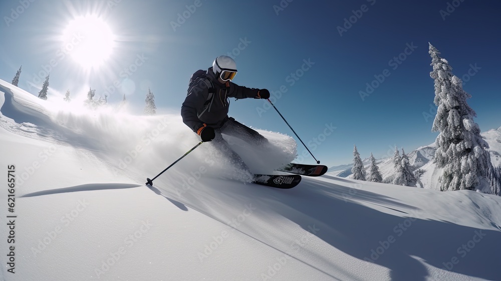 Ski slopes on sunny day, snow covered mountains, ski racer, AI
