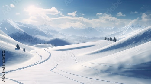 Ski slopes on sunny day, snow covered mountains, snowy landscape, AI