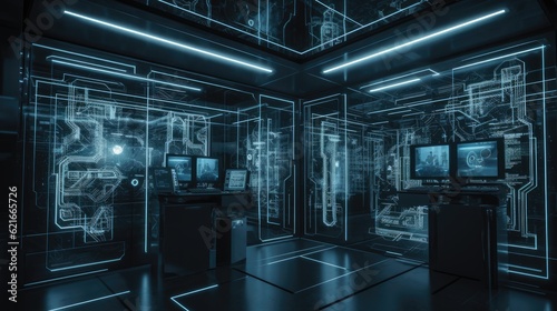 Computer room background, server room scene, cyber security, AI