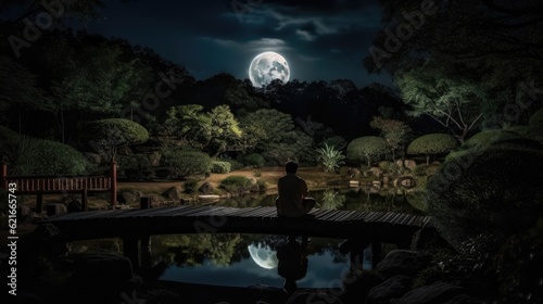 Moon lit Zen garden, peaceful scenery , AI