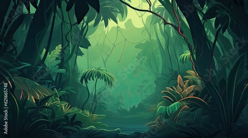 Jungle background illustration image, graphic recourse, backdrop artwork, website banner, background landscape, AI