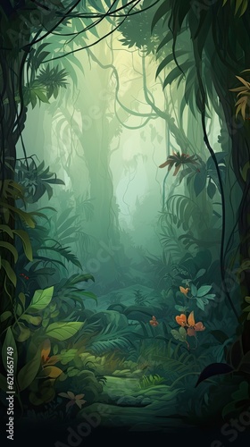 Moody jungle background illustration image, graphic recourse, backdrop artwork, website banner, background landscape, cell background, AI