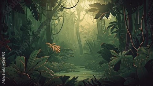 Jungle background illustration image, graphic recourse, backdrop artwork, website banner, background landscape, AI
