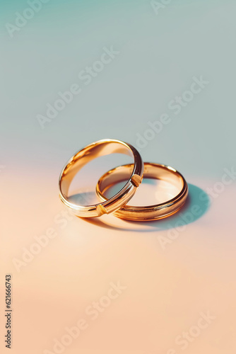 A pair of gold wedding rings on pastel background