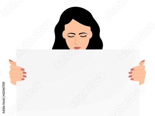 Beautiful woman hands holding paper blank. Teenager showing poster, empty paper sheet with text copy space. Protesting female, activist, political meeting. Flat vector illustration