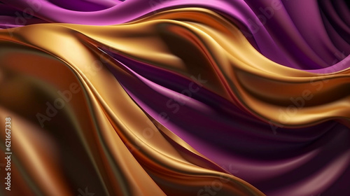 Abstract 3D purple and gold silky smooth flowing material concept background