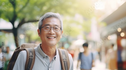 Senior Asian man smiling at the camera outdoors. Close-up portrait of a laughing handsome Asian man in the city. Middle aged man walking in a city.