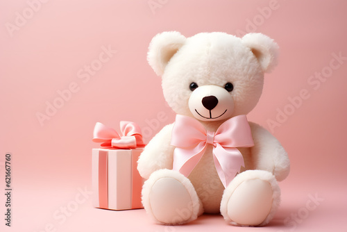 Lovable and pretty teddy bear with ribbon and giftbox, for child, childhood, birthday, party, gift, bed, bedtime  © chui