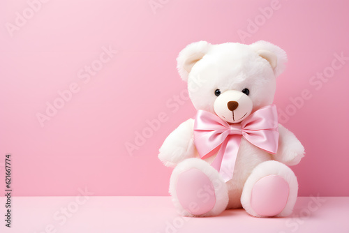 Fotografie, Obraz Lovable and pretty teddy bear with ribbon and giftbox, for child, childhood, bir