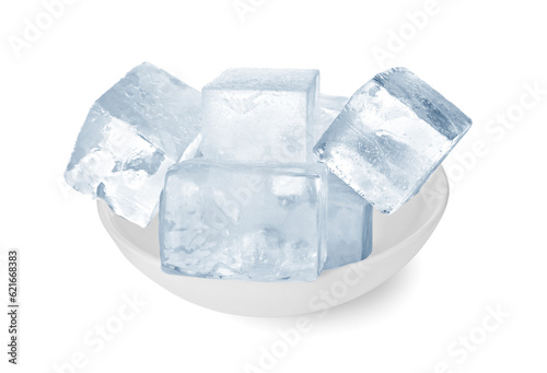Bowl of crystal clear ice cubes isolated on white