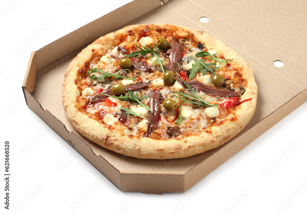 Tasty pizza with anchovies, arugula and olives in cardboard box isolated on white