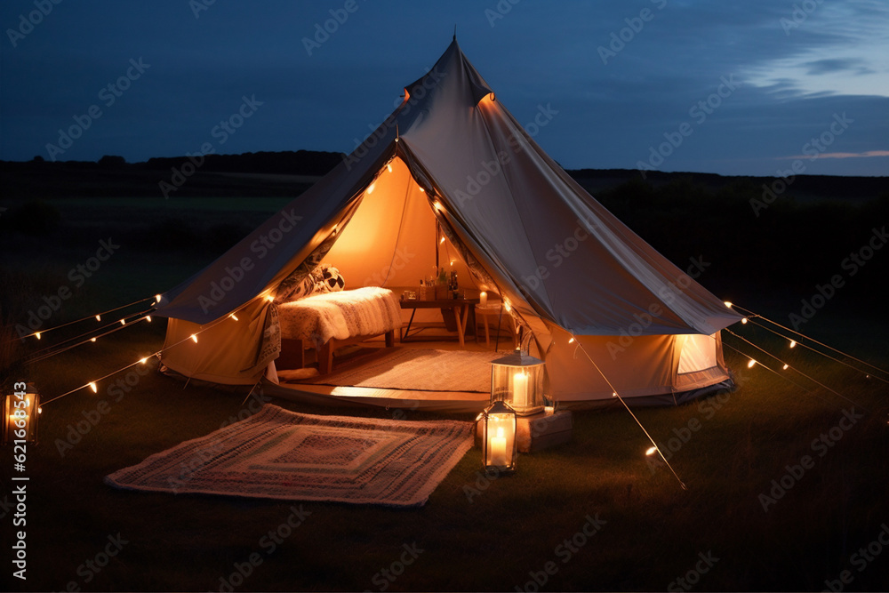 light travel forest luxury glamping canvas tent camping vacation nature. Generative AI.
