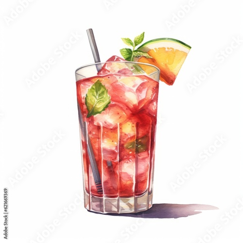 Realistic Watercolor Illustration Of A Juice Cocktail With A Straw And Glass photo