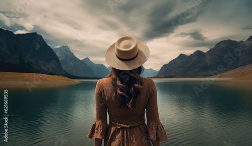woman from behind with  hat on a mountain in front of a landscape with a lake. illustration of ai generative