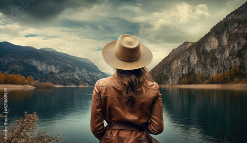 woman from behind with  hat on a mountain in front of a landscape with a lake. illustration of ai generative