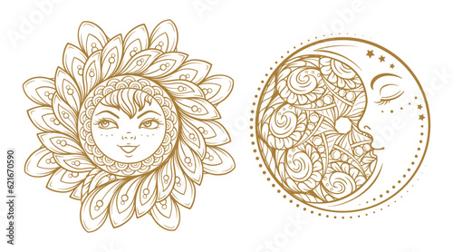 Ethnic sun and moon symbols. Vector illustrations set.