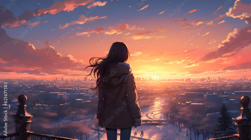Fototapeta premium anime girl in beautiful snow scenery