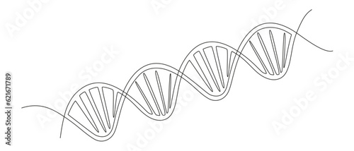 One continuous line drawing of helix DNA. Minimalist concept of medical and science biotechnology in simple linear style. Human genome structure in editable stroke. Doodle vector illustration