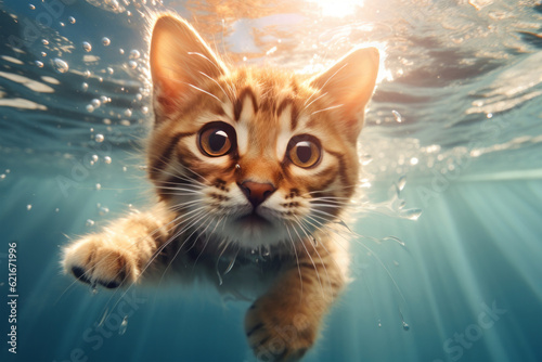 Kitten diving underwater - Swimming cat