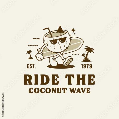 Photography Retro mascot Coco carries a surfboard.