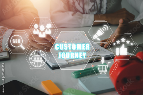 Customer journey concept, Business team analyzing income charts and graphs on office desk with customer journey icon on virtual screen. photo