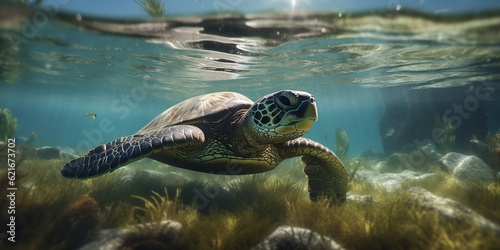 Turtle swimming under the water