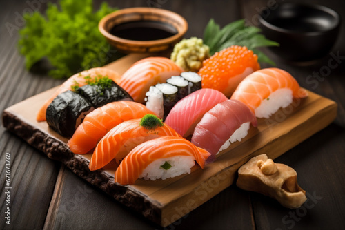 rice set meal food sushi seafood roll japan japanese fish. Generative AI.