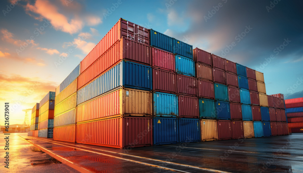 Fototapeta premium Stack of blue container boxes with sky background. Cargo freight shipping for import and export logistics