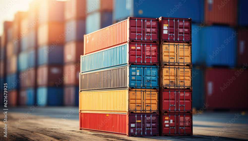 Fototapeta premium Stack of blue container boxes with sky background. Cargo freight shipping for import and export logistics