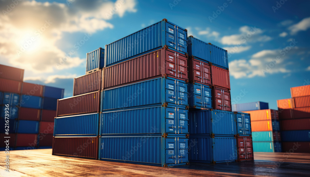 Stack of blue container boxes with sky background. Cargo freight shipping for import and export logistics Stack of blue container boxes with sky background. Cargo freight shipping for import and export logistics