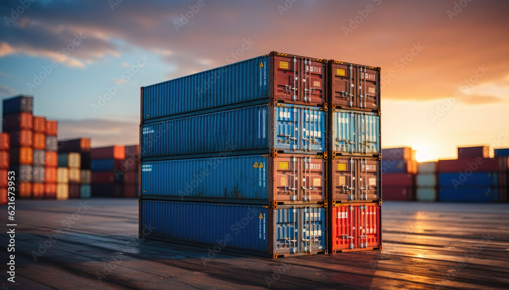 Fototapeta premium Stack of blue container boxes with sky background. Cargo freight shipping for import and export logistics