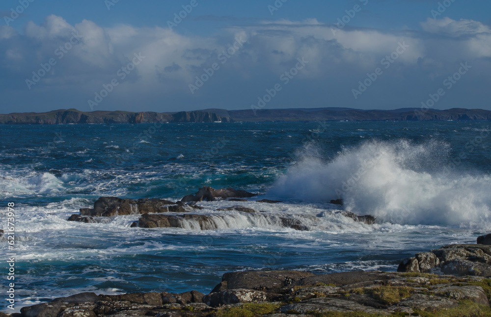 Waves Breaking on Rocky Shore of Stenness, Shetland Islands Waves Breaking on Rocky Shore of Stenness, Shetland Islands