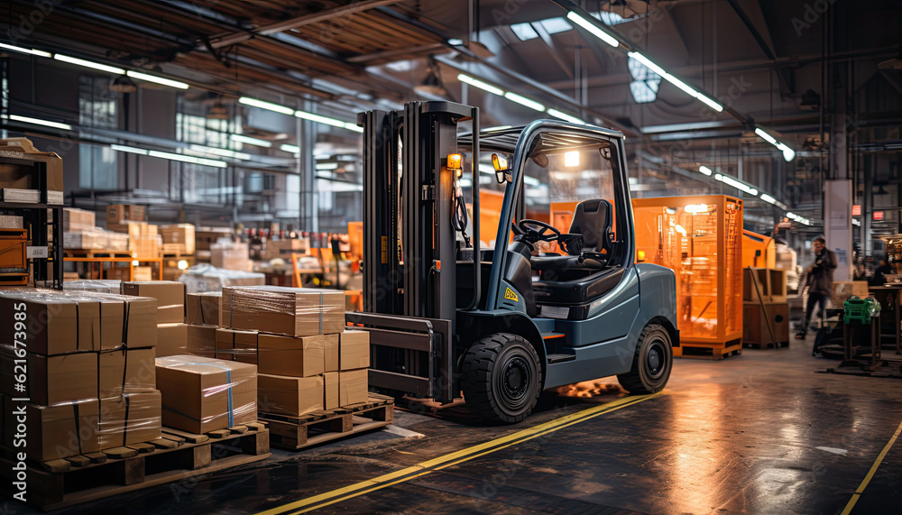 modern busy warehouse with workers, forklift, boxes, rows, upfront close of a manager looking on, professional photography and color grading modern busy warehouse with workers, forklift, boxes, rows, upfront close of a manager looking on, professional photography and color grading