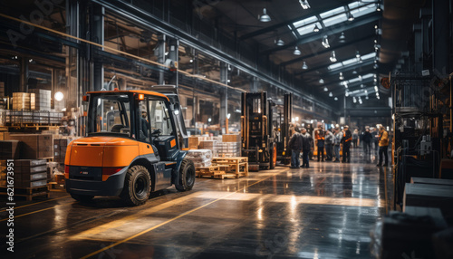 modern busy warehouse with workers, forklift, boxes, rows, upfront close of a manager looking on, professional photography and color grading