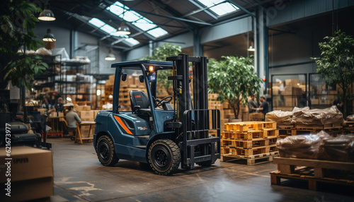 modern busy warehouse with workers, forklift, boxes, rows, upfront close of a manager looking on, professional photography and color grading © JKLoma