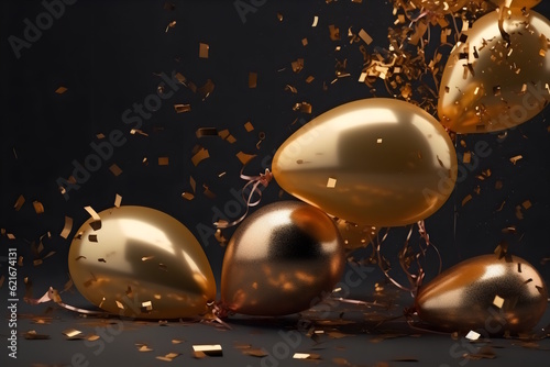 Glowing Golden Balloons against a Confetti Background, Perfect for New Year's Panels, Photography, and Adding a Touch of Elegance to Celebrations. Generative AI